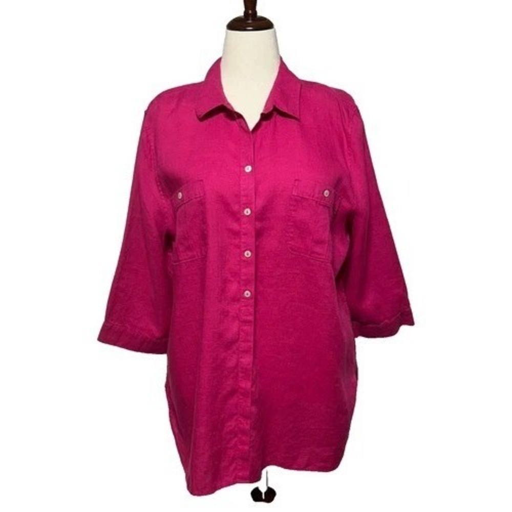 Chico's XL /3 Linen Flax Shirt Women  No Iron Fuschia Lagenlook Coastal Grandma - Picture 2 of 3
